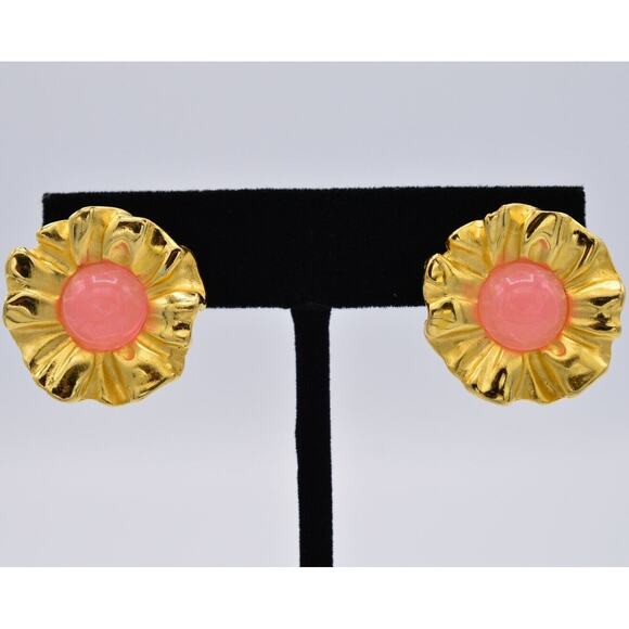 Givenchy Vintage Cabochon Flower Clip On Earrings Brushed Gold Pink Signed Bin8 - Picture 1 of 10